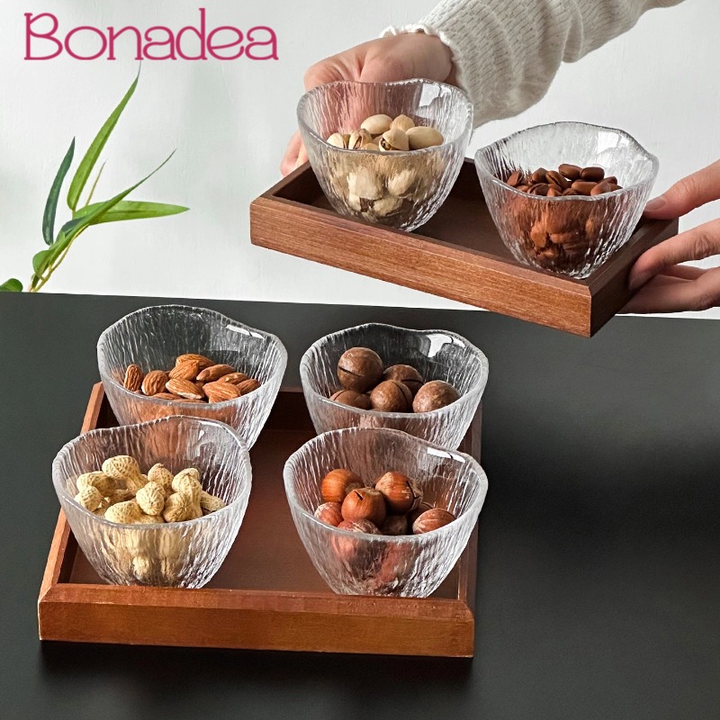 Dried Fruit - ชุดถาดแก้วใส แบ่งช่องใส่ถั่ว ถาดผลไม้อบแห้ง ถาดเสิร์ฟผลไม้และขนม ชามแก้วลายฝน อุปกรณ์ใช้ในบ้าน