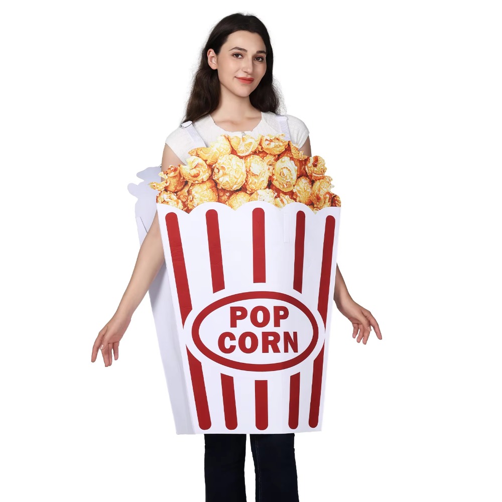 Popcorn - ชุดคอสเพลย์ป๊อปคอร์นฮาโลวีน ชุดจั๊มสูทอาหารตลกใหม่สำหรับผู้ใหญ่ ผู้หญิง ผู้ชาย สำหรับงานคาร์นิวัล ปาร์ตี้